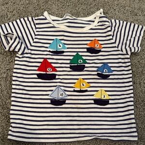 Mini Boden Blue Striped Tee with Colorful Sailboats